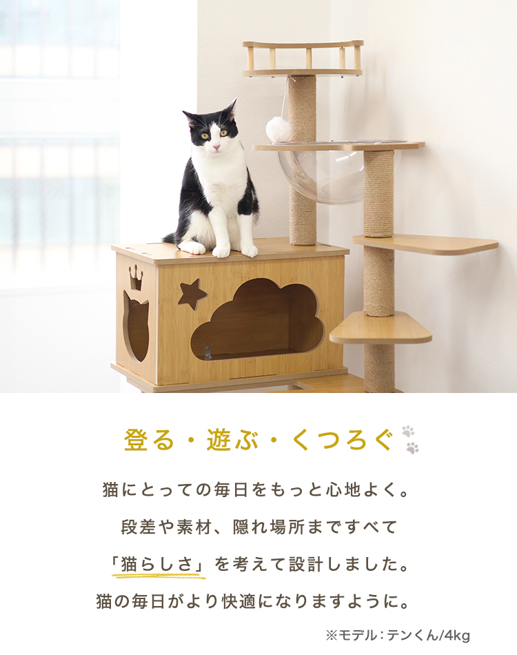 キャットタワー 木製 宇宙船 据え置き 階段 短足猫 滑り止めマット