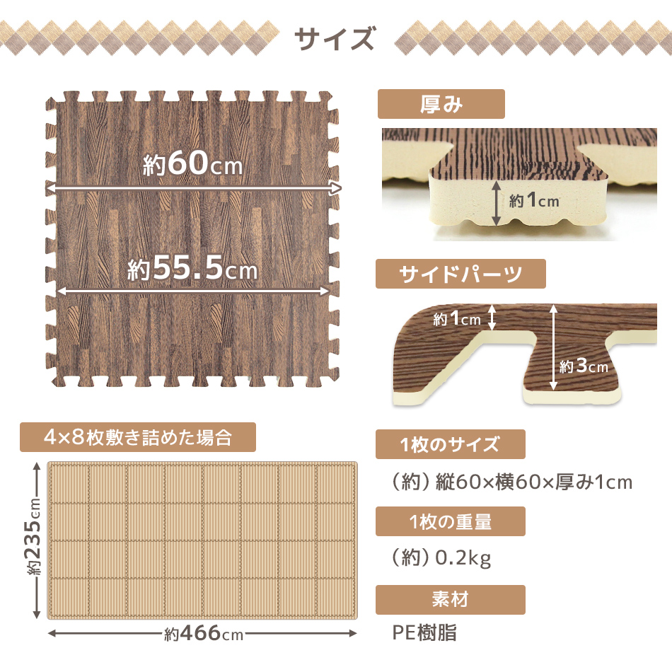 木目調 大判 ジョイントマット 60cm（新仕様） 防音 騒音 吸収 厚さ1cm サイドパーツ付き【送料無料】 | 生活用品,インテリア・寝具・収納, ジョイントマット | WEIMALL